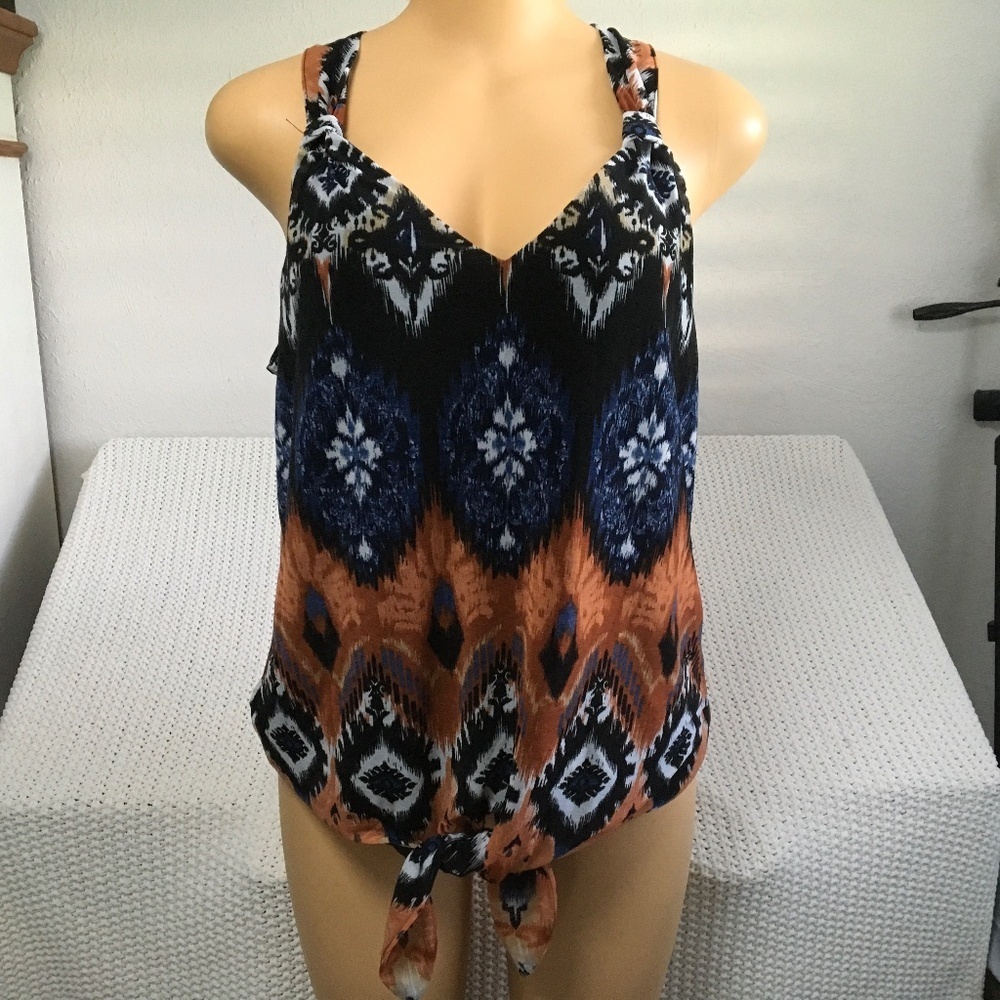 INK SLEEVELESS WOMAN BLOUSE WITH BOTTOM TIE, BROWN, BLUE AND BLACK SIZE LARGE